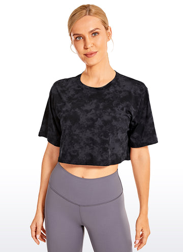 CRZ YOGA Women's Casual Loose Fit Pima Cotton Short Sleeves Cropped Tie Dye Smoke Ink