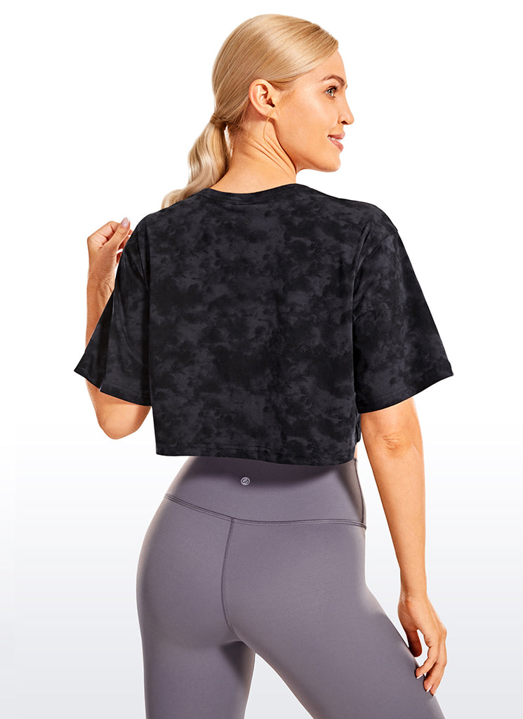 CRZ YOGA Women's Casual Loose Fit Pima Cotton Short Sleeves Cropped Tie Dye Smoke Ink
