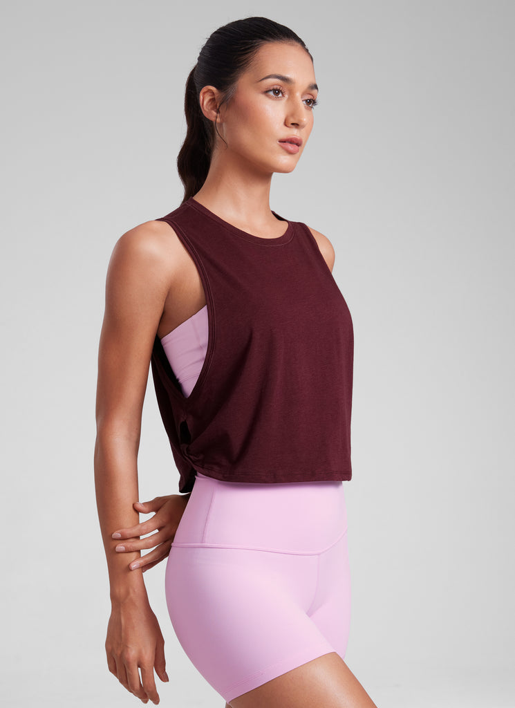 CRZ YOGA Women's Yoga Loose Fit Top Pima Cotton Crop Tank Deep Armhole Berry heather