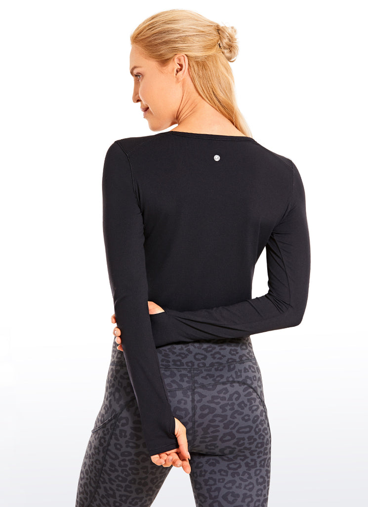 CRZ YOGA Women's Run Train Slim Fit Tops Brushed Long Sleeves Cropped Black