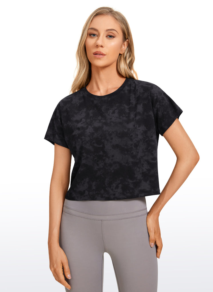 CRZ YOGA Women's Yoga Relaxed Fit Shirt Pima Cotton Crop Short Sleeves Strong Blue