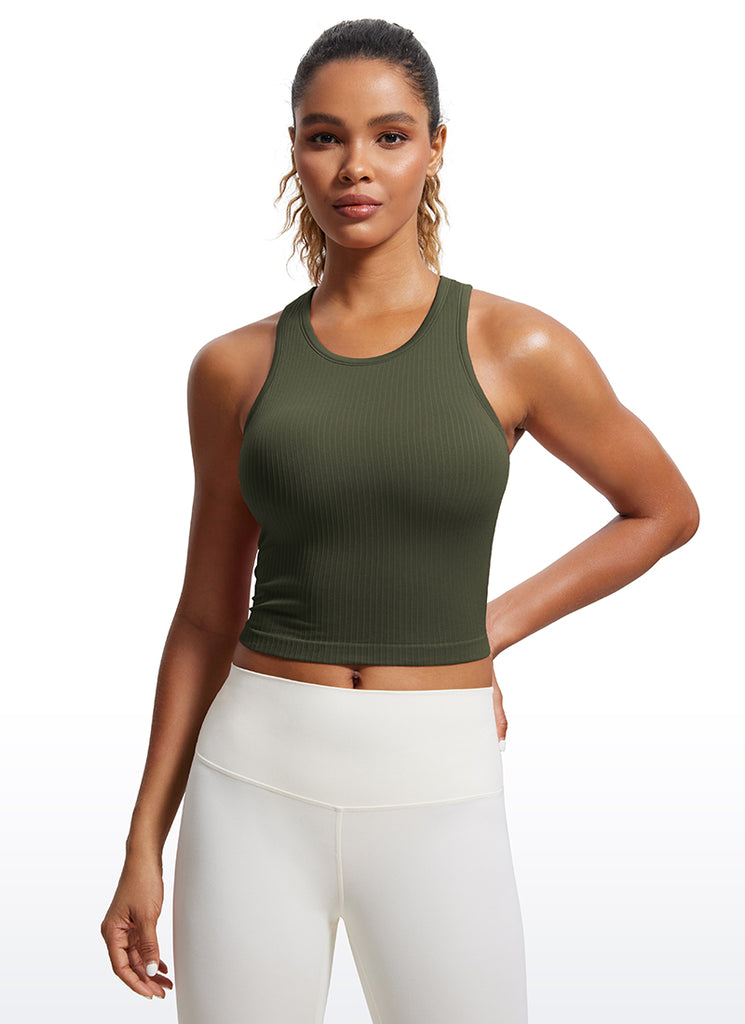CRZ YOGA Women's Yoga Slim Fit Tops Seamless Longline Tank High Neck Olive Green