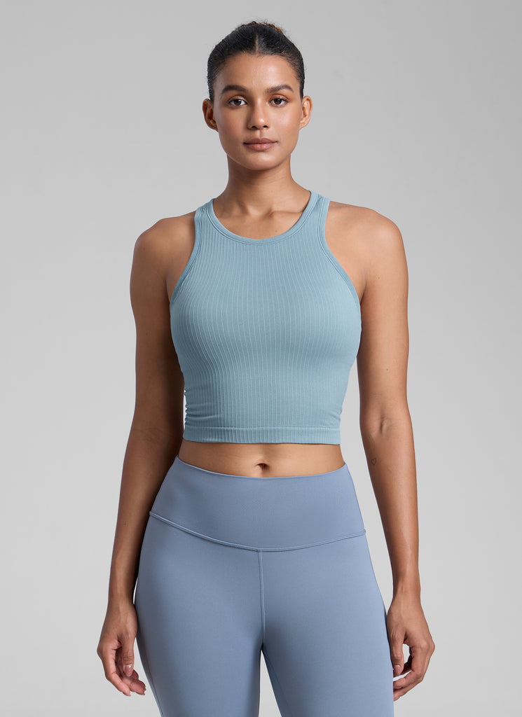 CRZ YOGA Women's Yoga Slim Fit Tops Seamless Longline Tank High Neck Madagascar Blue