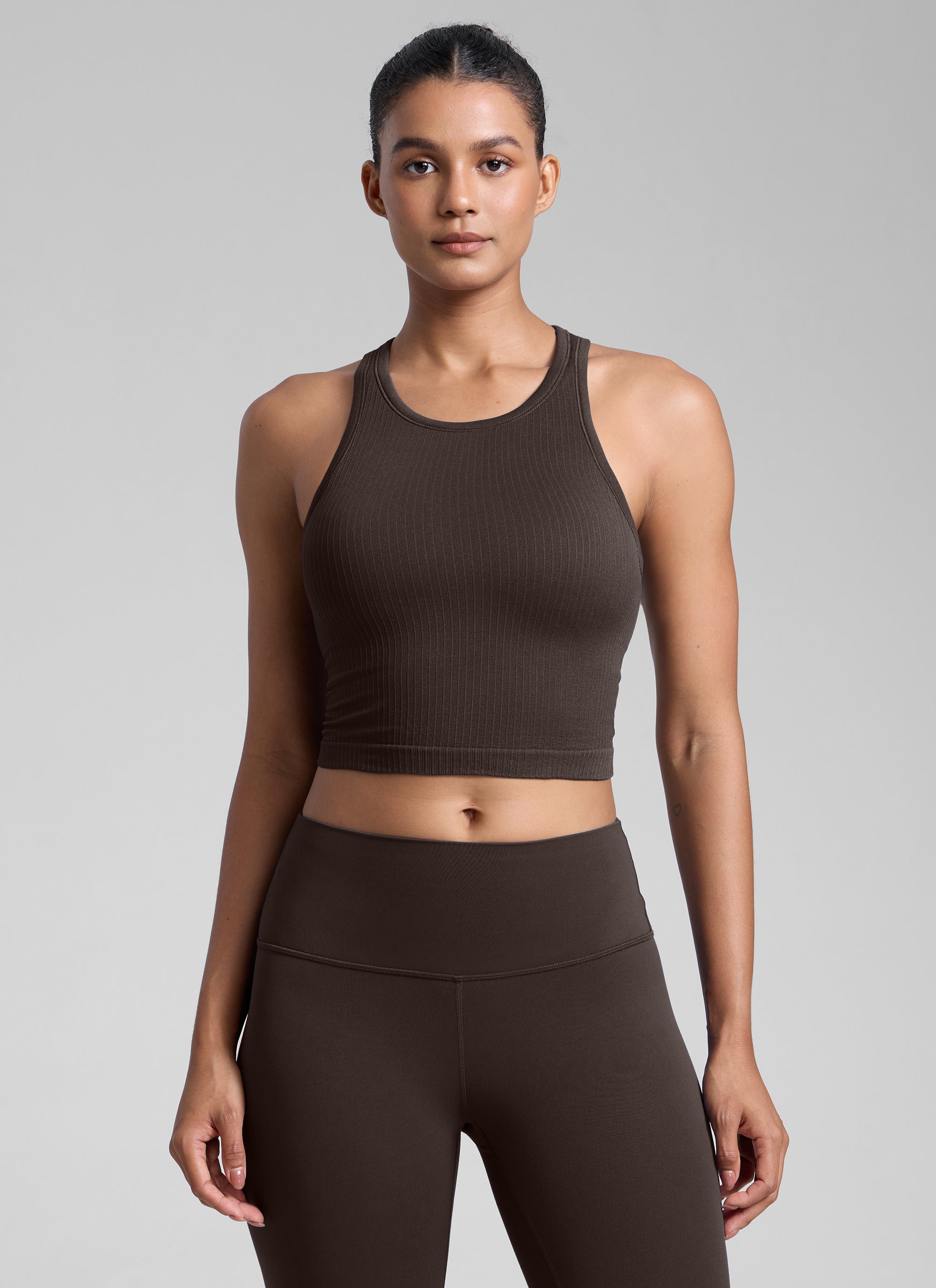 CRZ YOGA Women's Yoga Slim Fit Tops Seamless Longline Tank High Neck Hot Fudge Brown