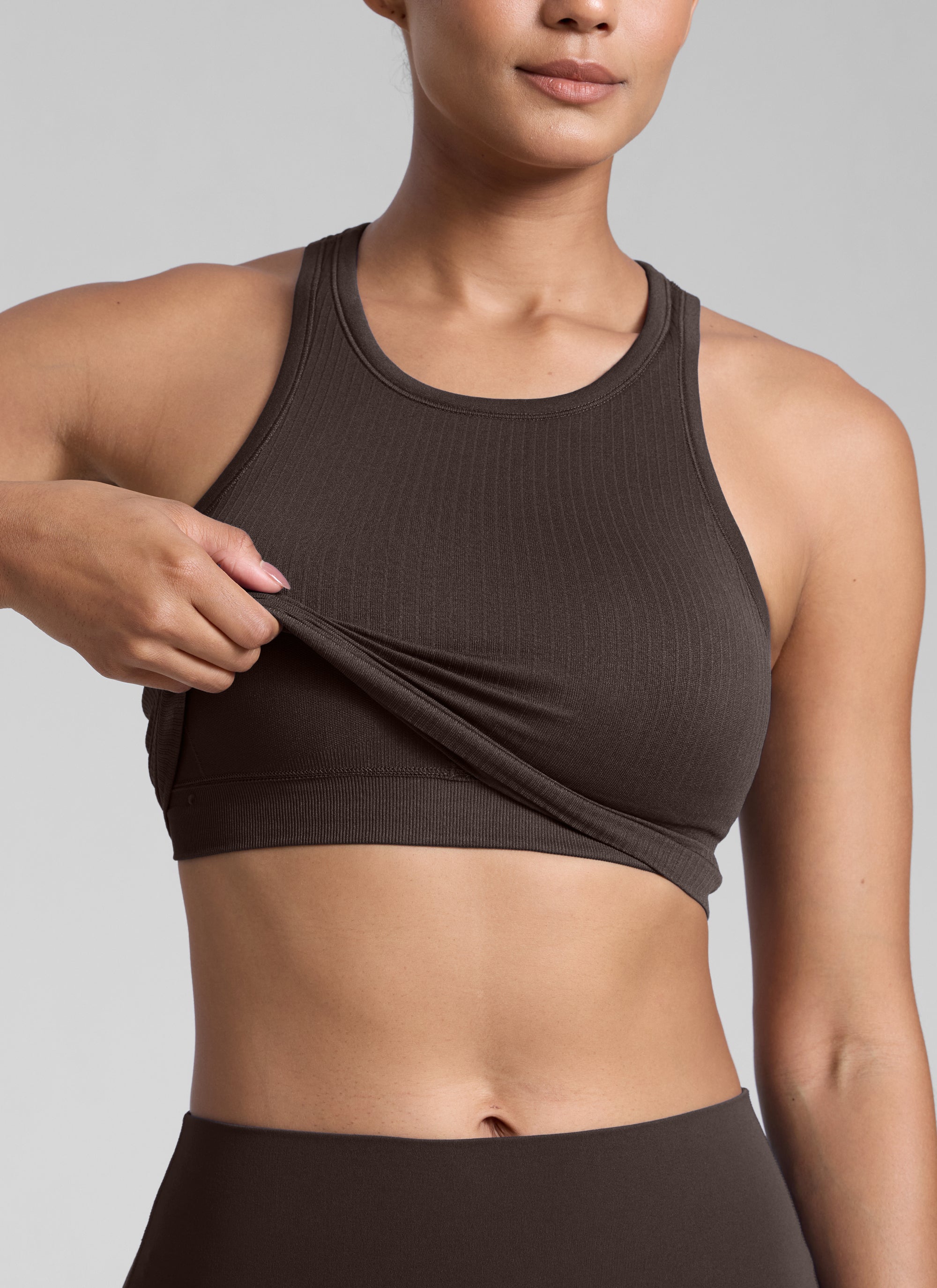 CRZ YOGA Women's Yoga Slim Fit Tops Seamless Longline Tank High Neck Hot Fudge Brown