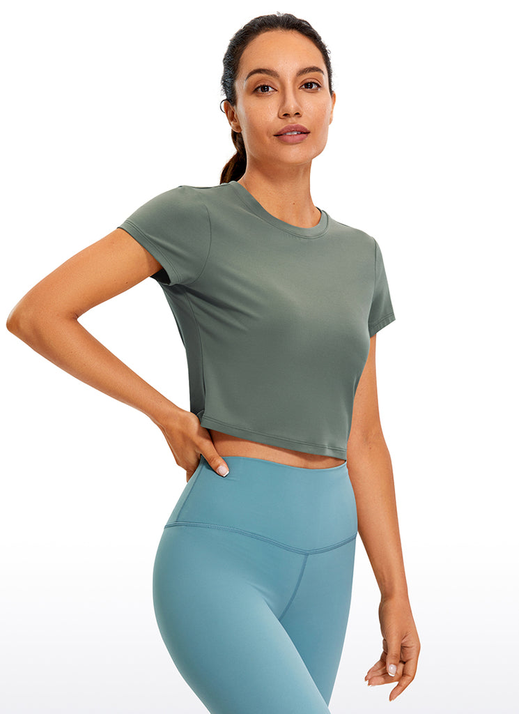 CRZ YOGA Women's Yoga Classic Fit Top Butterluxe Cropped Short Sleeves Grey Sage