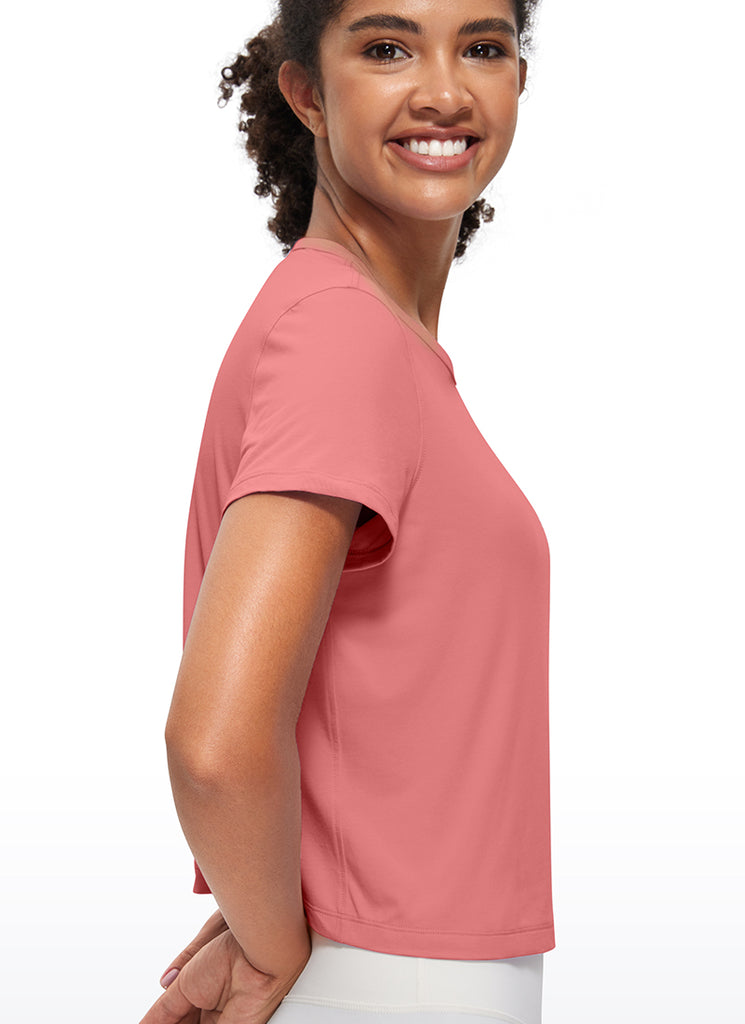 CRZ YOGA Women's Yoga Classic Fit Pima Cotton Short Sleeves High Neck Briar Rose