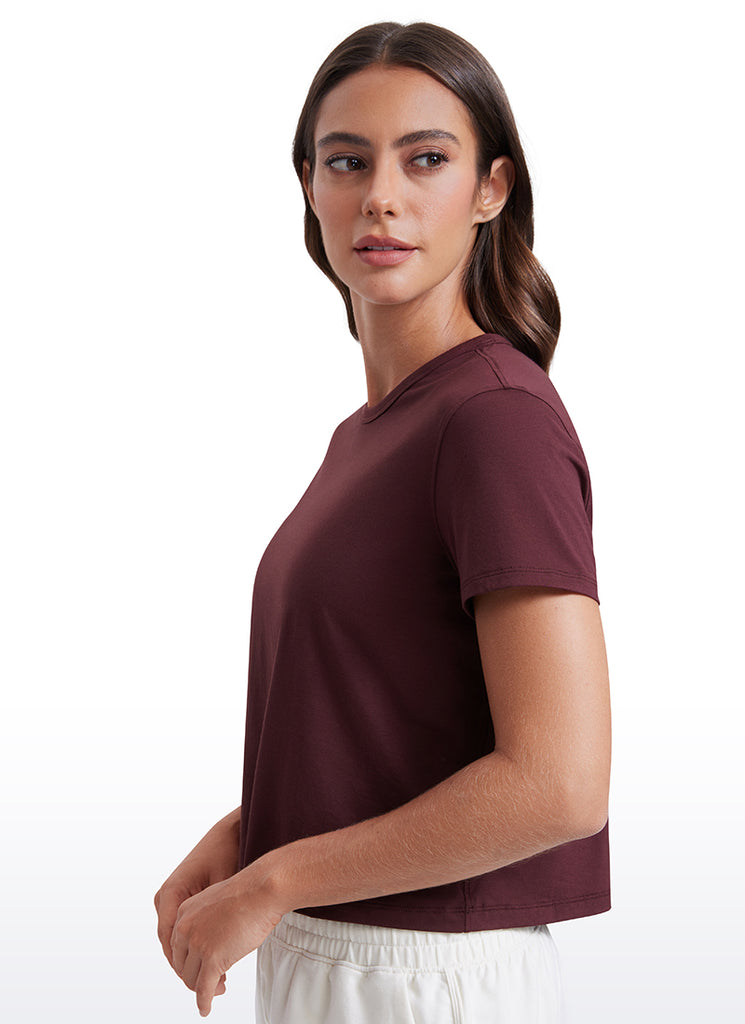 CRZ YOGA Women's Yoga Classic Fit Pima Cotton Short Sleeves High Neck Mocha Mousse