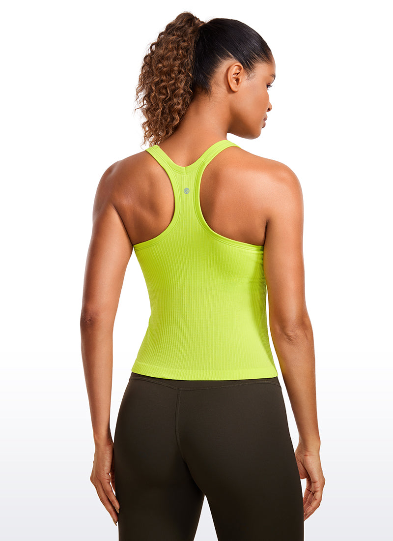 Seamless Ribbed Waist Length Racerback Built in Bra Tanks