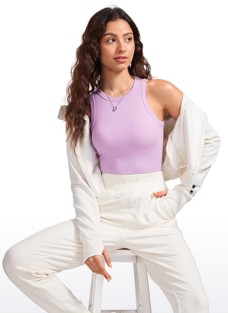 CRZ YOGA Women's Yoga Tight Fit Ribbed Tank High Neck Hip Length Lilac