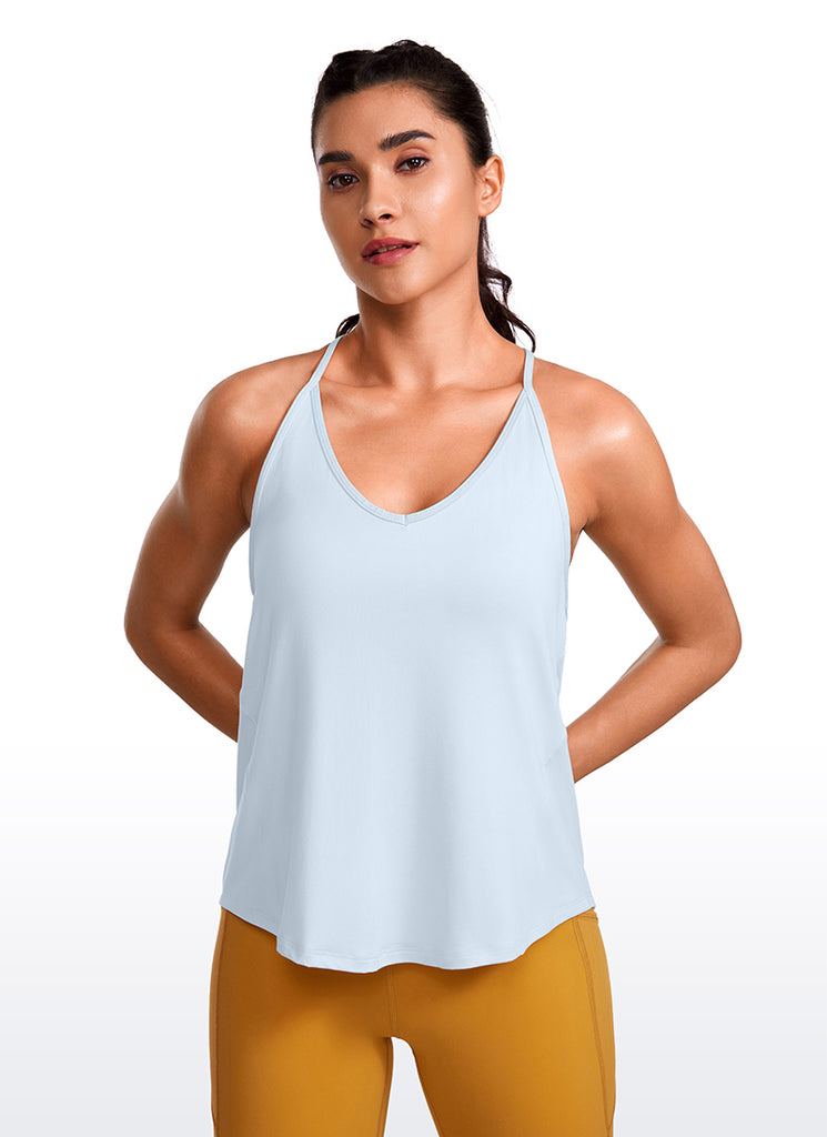 CRZ YOGA Women's Yoga Lightweight Classic Fit Tops Halter Tank V Neck Blue Linen