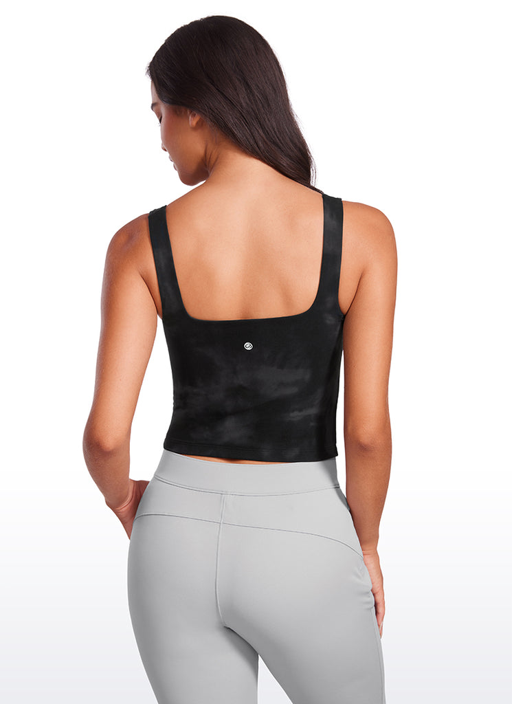 CRZ YOGA Women's Yoga Butterluxe Tight Fit Tank Tops Square Neck Black Tie Dye Flowers