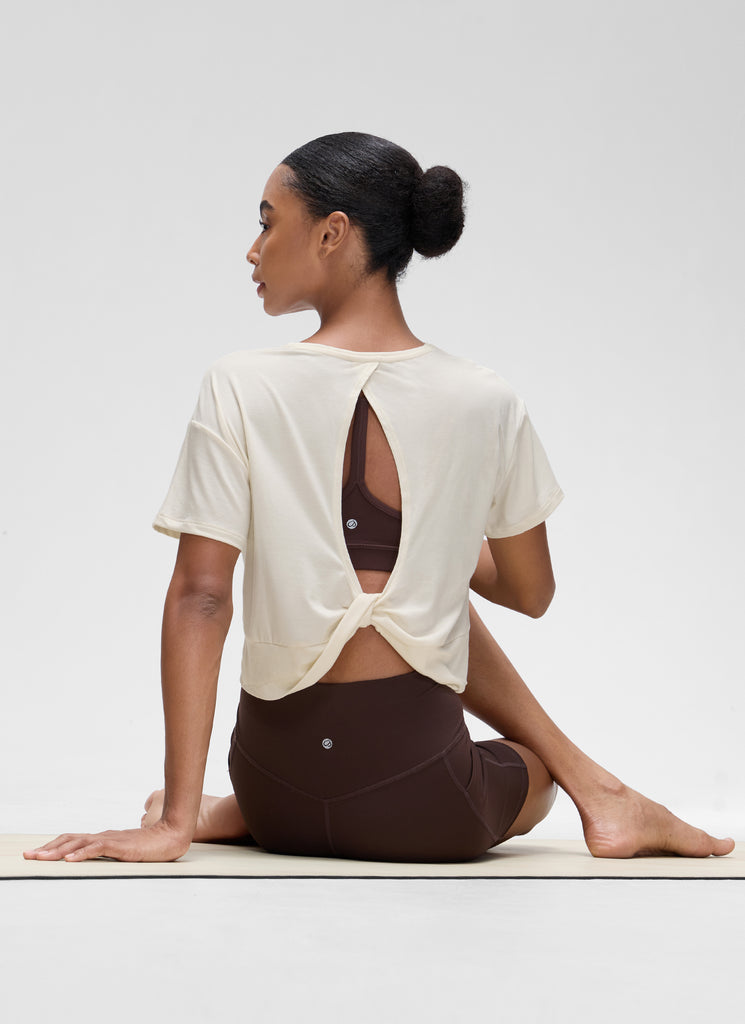 CRZ YOGA Women's Yoga Relaxed Fit Cropped Open Back Short Sleeves White Apricot