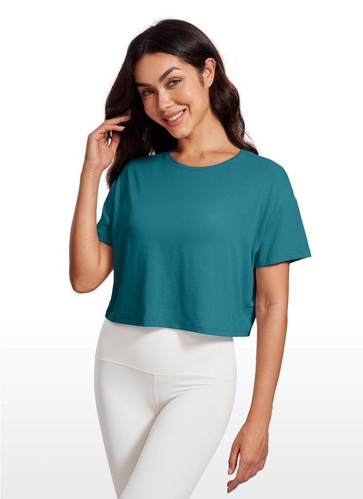 CRZ YOGA Women's Yoga Relaxed Fit Cropped Open Back Short Sleeves White