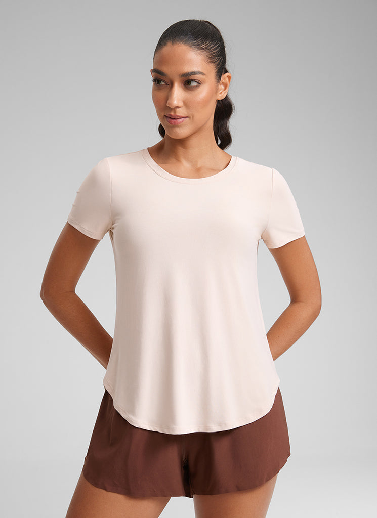 CRZ YOGA Women's Workout Lightweight Crewneck Short Sleeves Side Slit White Opal