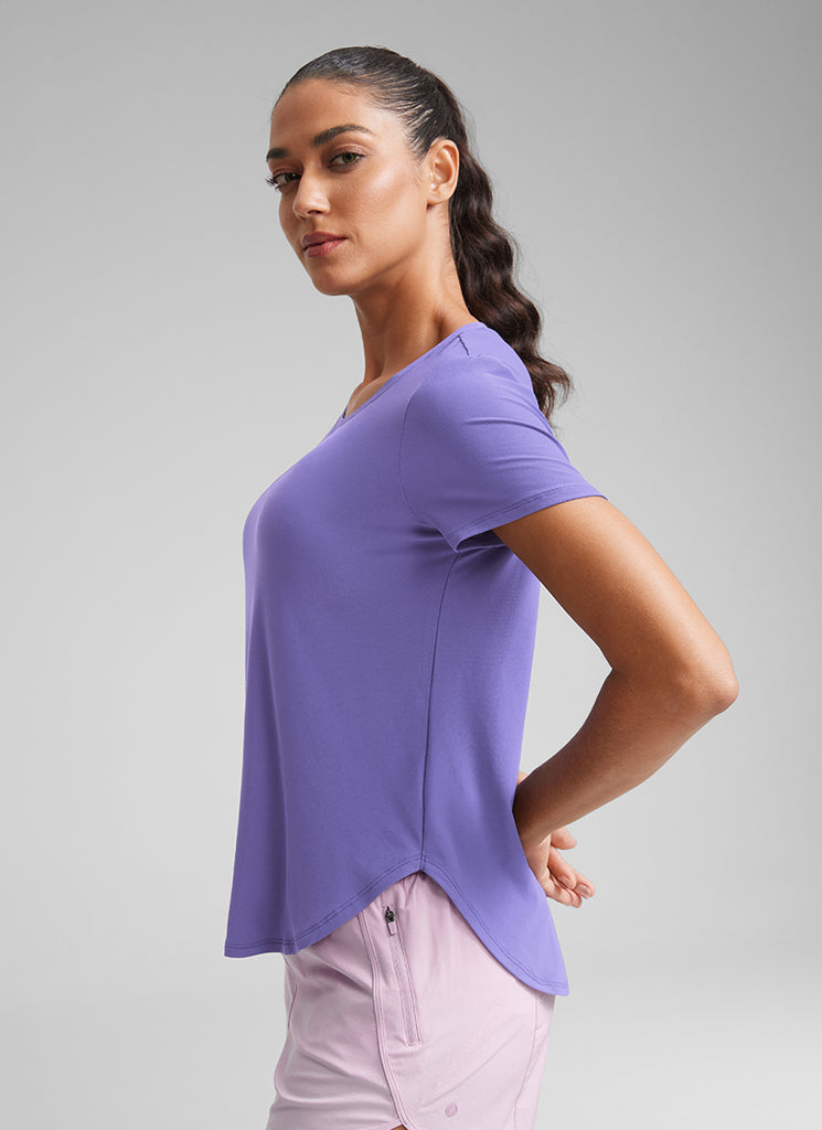 CRZ YOGA Women's Workout Lightweight Crewneck Short Sleeves Side Slit Dark Lavender Purple