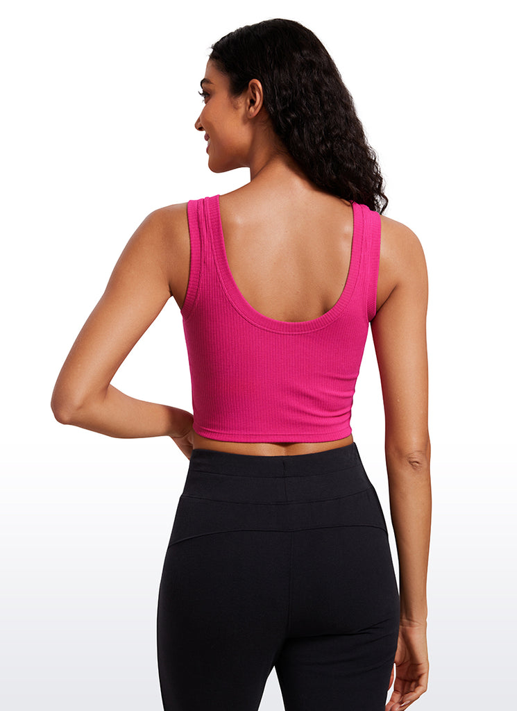 CRZ YOGA Women's Yoga Tight Fit Ribbed Tank Scoop Neck Cropped Length Granita Pink
