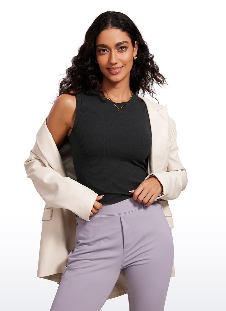 CRZ YOGA Women's Yoga Tight Fit Ribbed Tank high Neck Waist Length Black