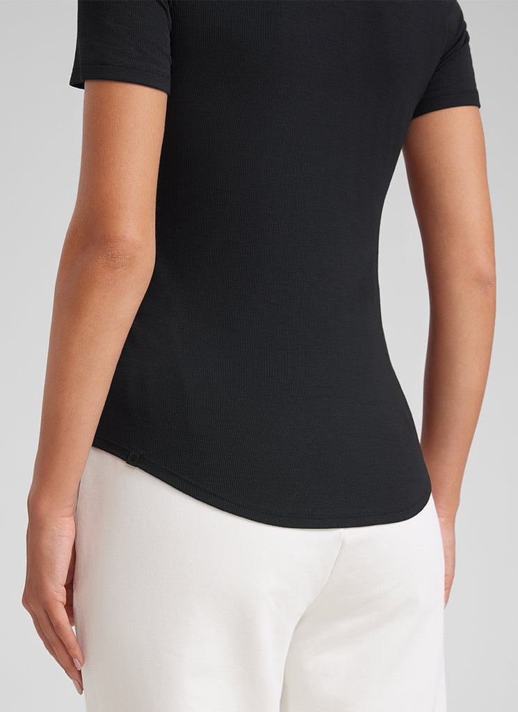 CRZ YOGA Womens Fitted Casual Ribbed Modal Crew Neck Short Sleeves Black