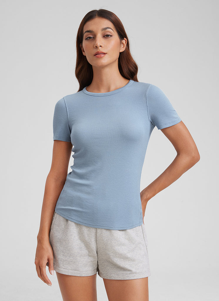 CRZ YOGA Womens Fitted Casual Ribbed Modal Crew Neck Short Sleeves White