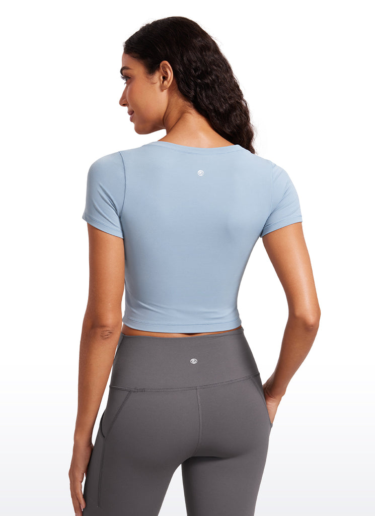 CRZYOGA Women's Slim Fit Scoop Neck Cropped Short Sleeves White