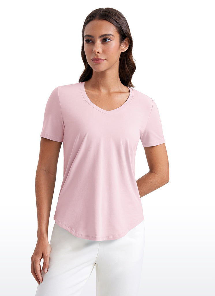 CRZ YOGA Women's Yoga Relaxed Fit Pima Cotton Short Sleeves V Neck True Navy