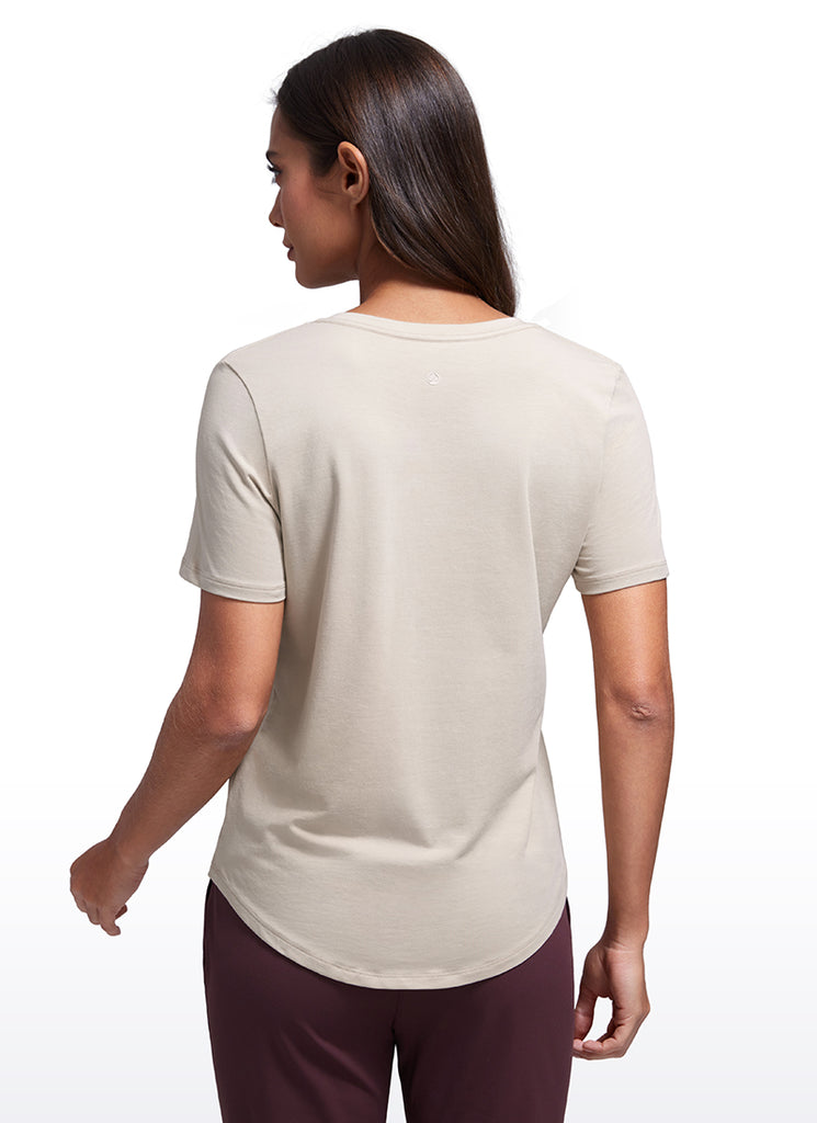 CRZ YOGA Women's Yoga Relaxed Fit Pima Cotton Short Sleeves V Neck Mojave Tan