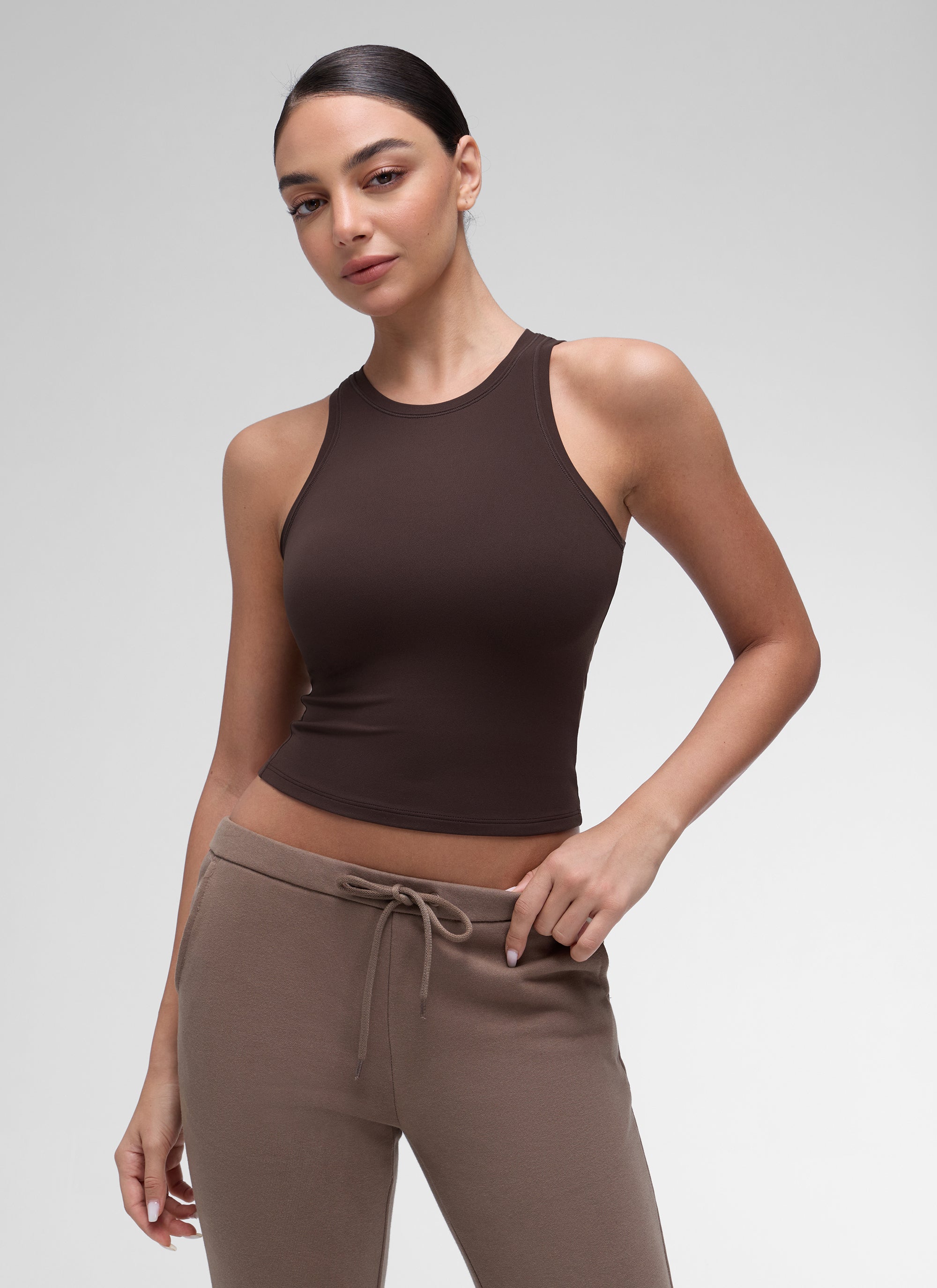 CRZ YOGA Women High Neck Casual Double Lined Sleeveless Tanks Hot Fudge Brown