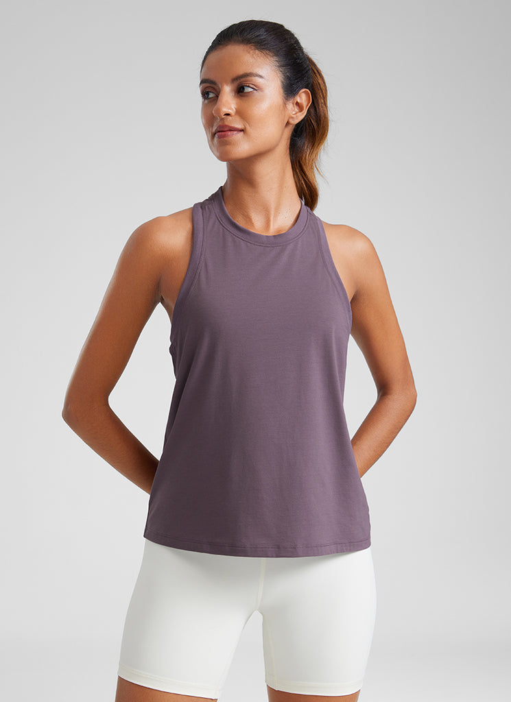 CRZYOGA Women's Pima Cotton High Neck Workout Tank Racerback Graphite Green