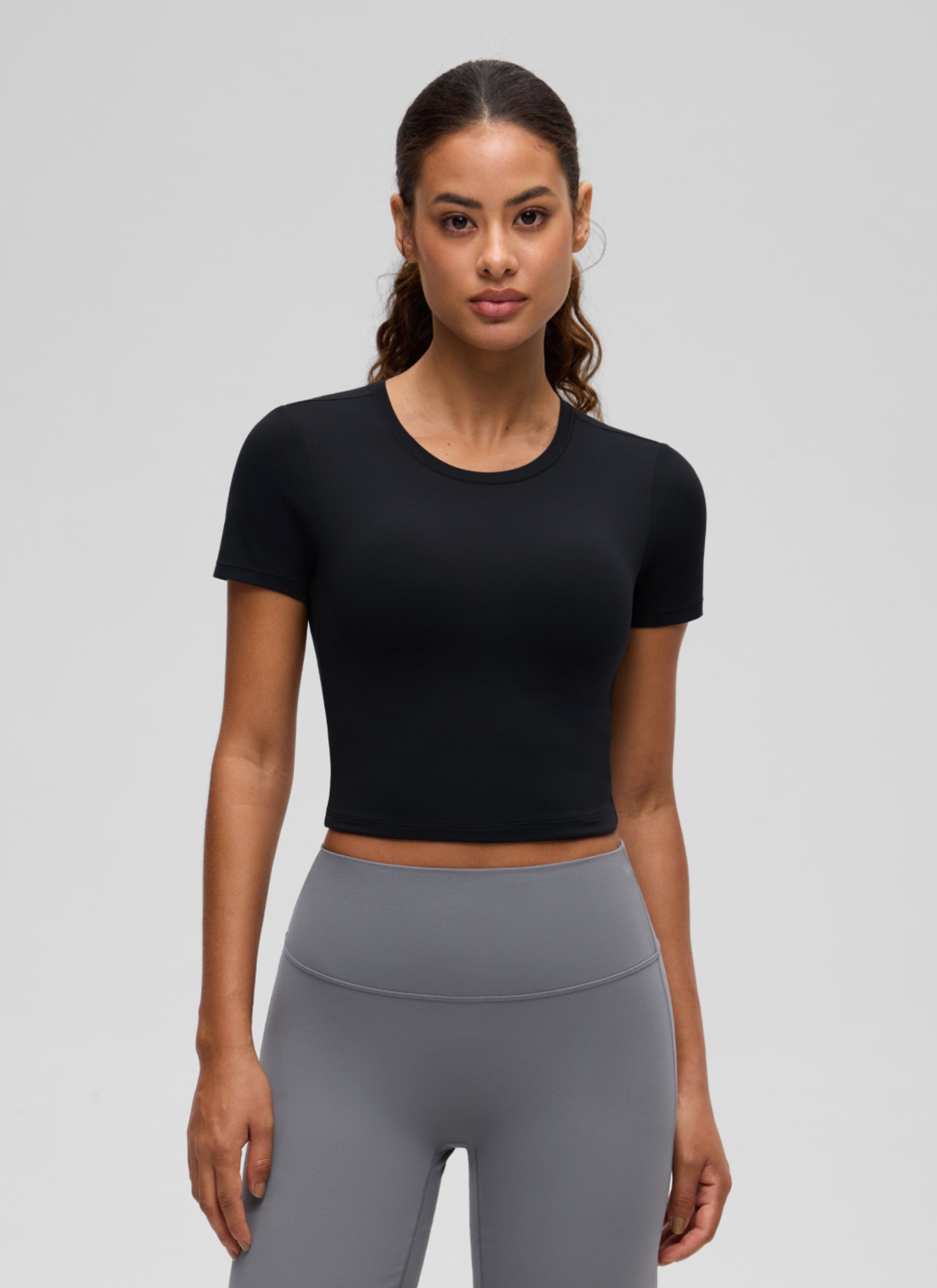 CRZ YOGA Women's Softembrace Casual Crewneck Crop Short Sleeve Black