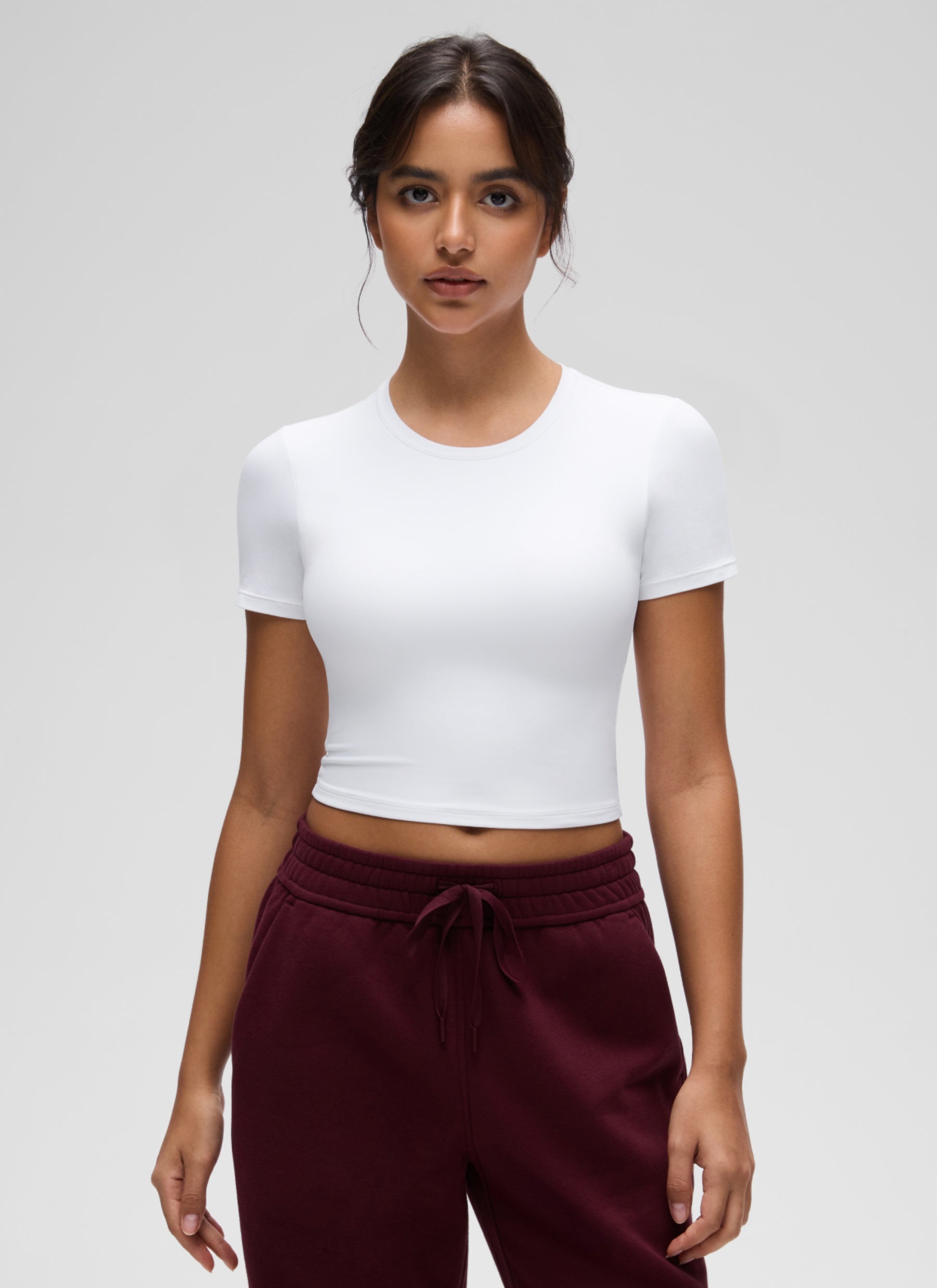 CRZ YOGA Women's Softembrace Casual Crewneck Crop Short Sleeve White @model_info:L