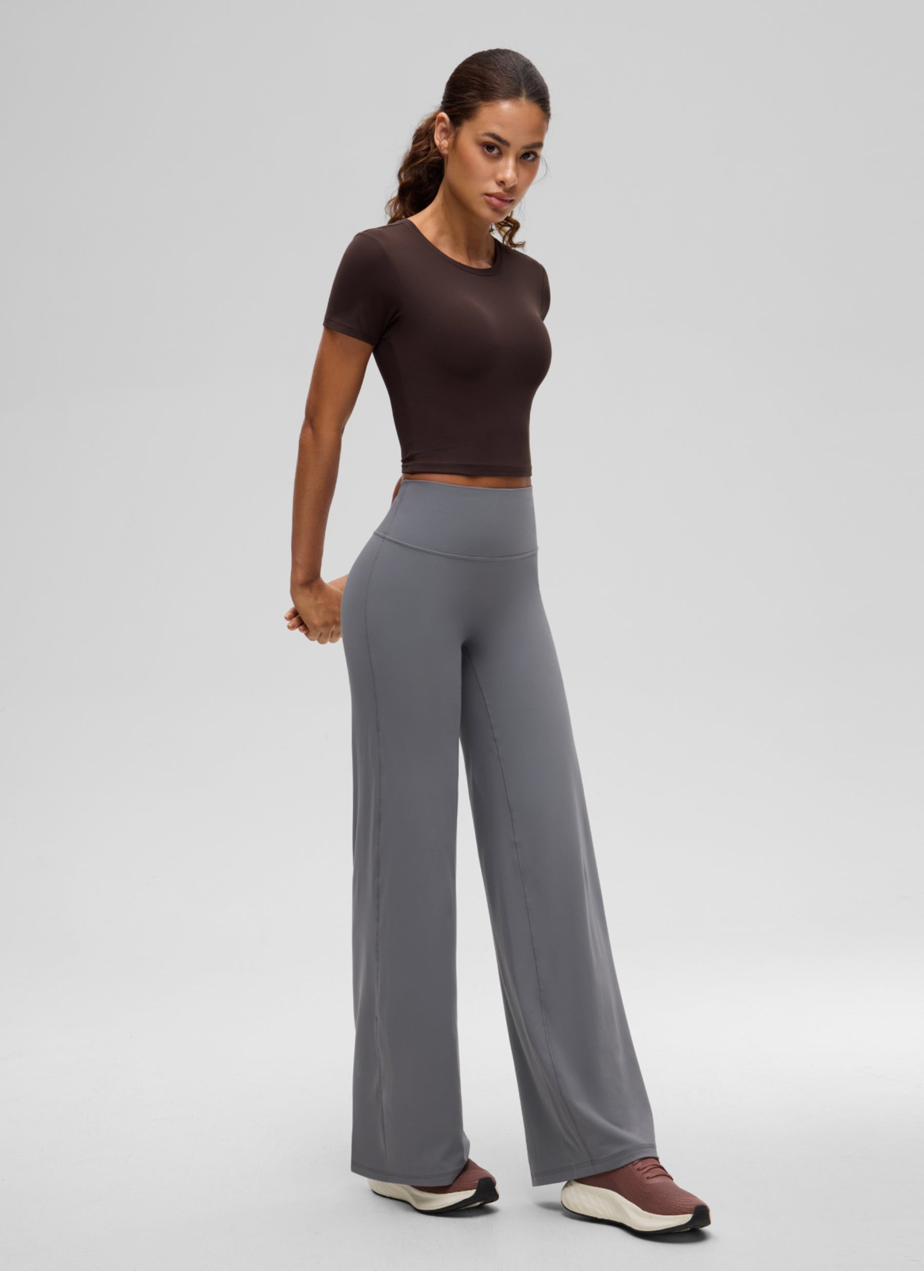 CRZ YOGA Women's Softembrace Casual Crewneck Crop Short Sleeve Hot Fudge Brown @model_info:J