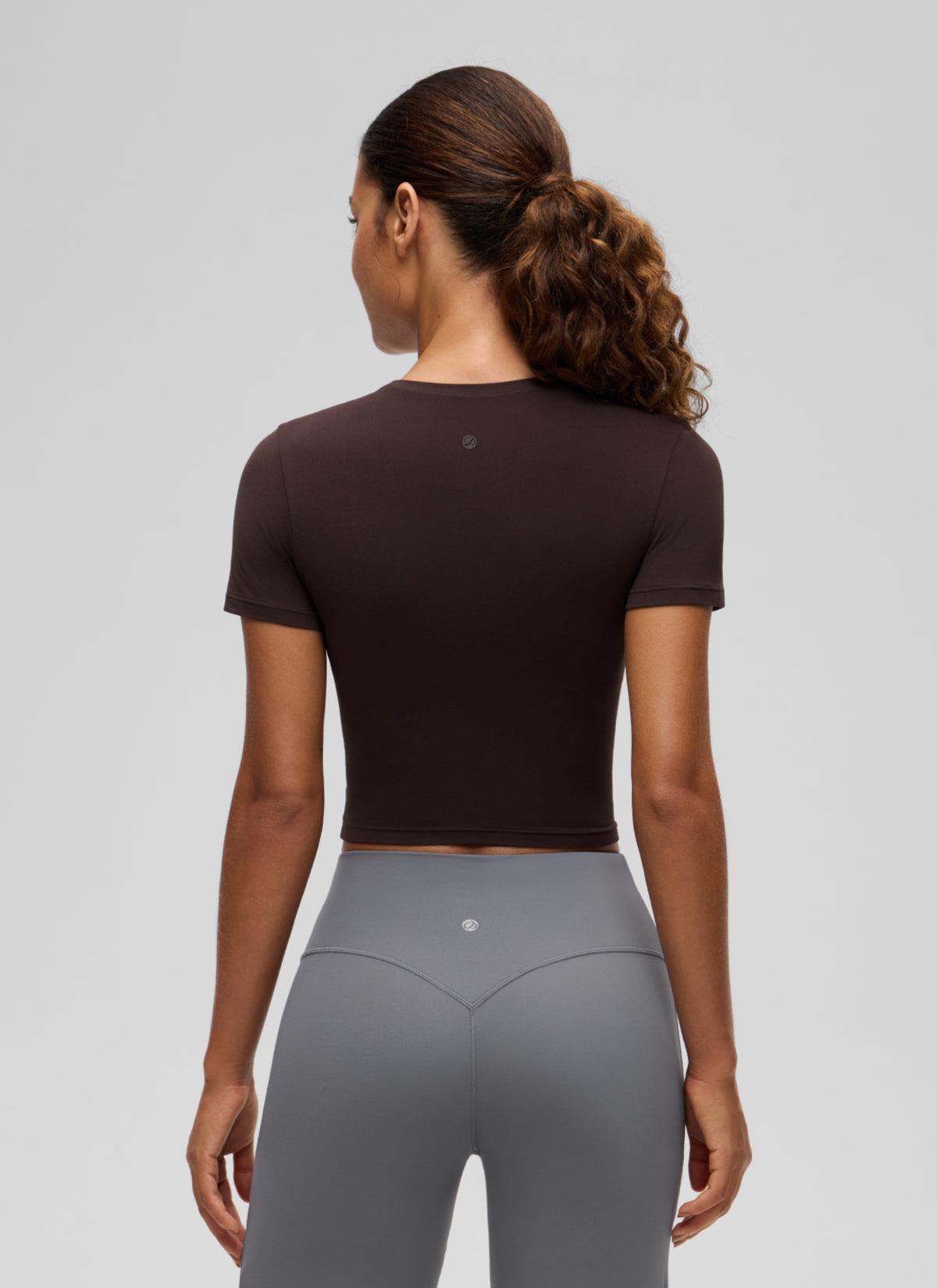 CRZ YOGA Women's Softembrace Casual Crewneck Crop Short Sleeve Hot Fudge Brown @model_info:J