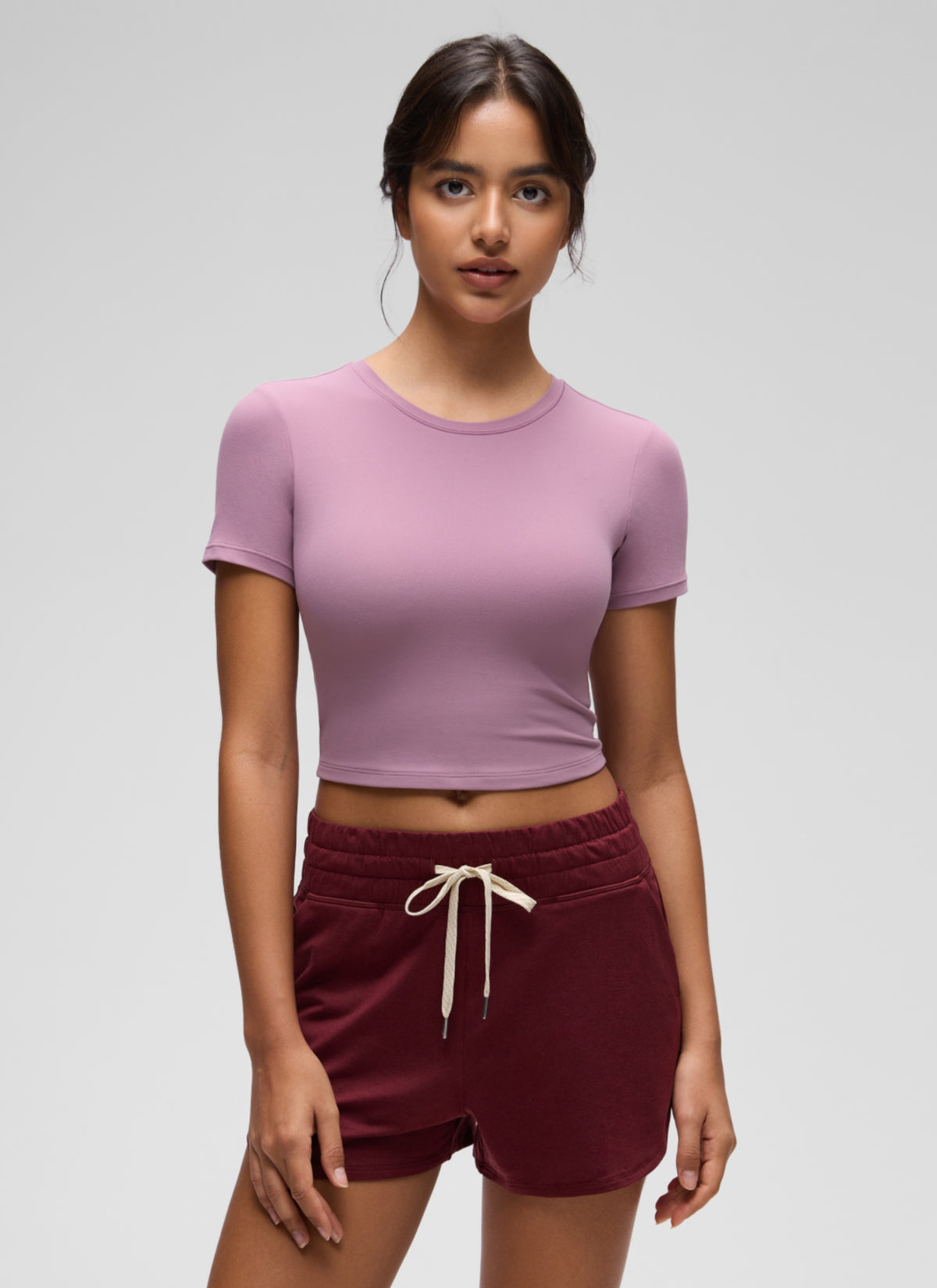 CRZ YOGA Women's Softembrace Casual Crewneck Crop Short Sleeve Light Lavender @model_info:L