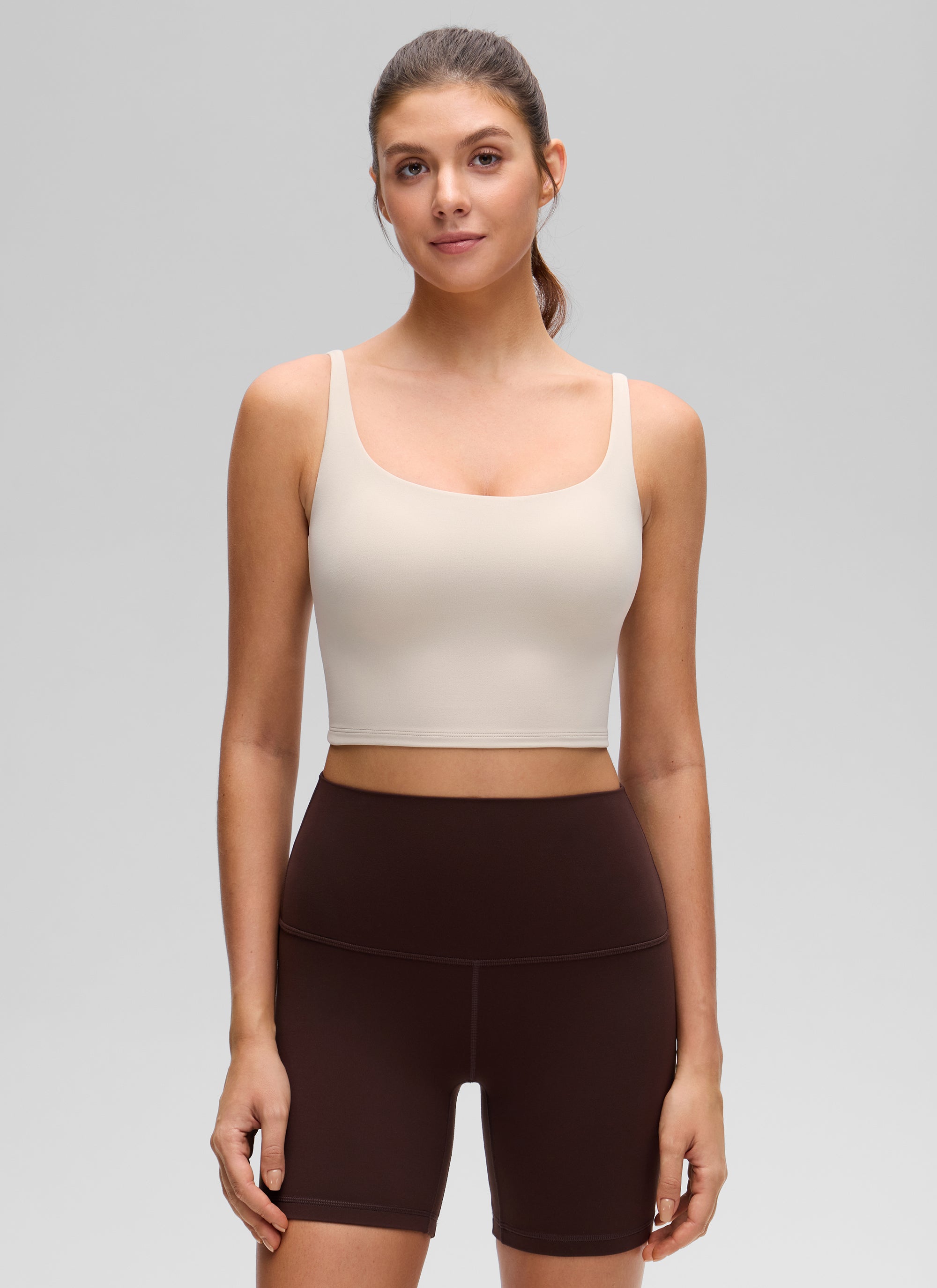 CRZ YOGA Women's Butterluxe Soft Square Neck Crop Double Lined Tank Mojave Tan