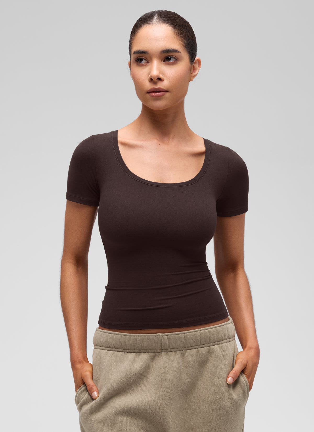 CRZ YOGA Women's Softembrace Casual U Neck Tight Fit Short Sleeve Hot Fudge Brown
