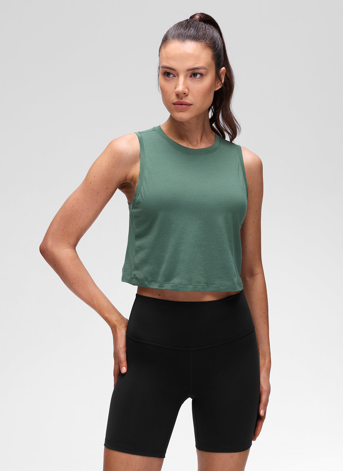 CRZ YOGA Women's Pima Cotton Casual Crewneck RacerBack Crop Tank Graphite Green @model_info:Kseniia