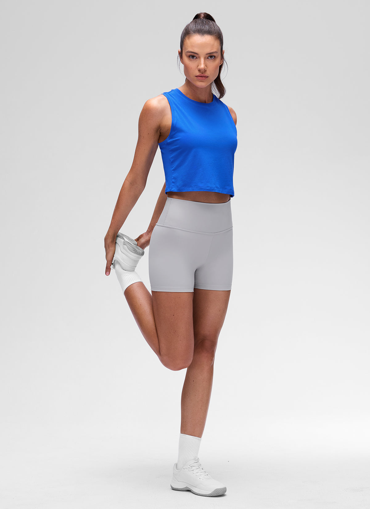 CRZ YOGA Women's Pima Cotton Casual Crewneck RacerBack Crop Tank Strong Blue @model_info:Kseniia