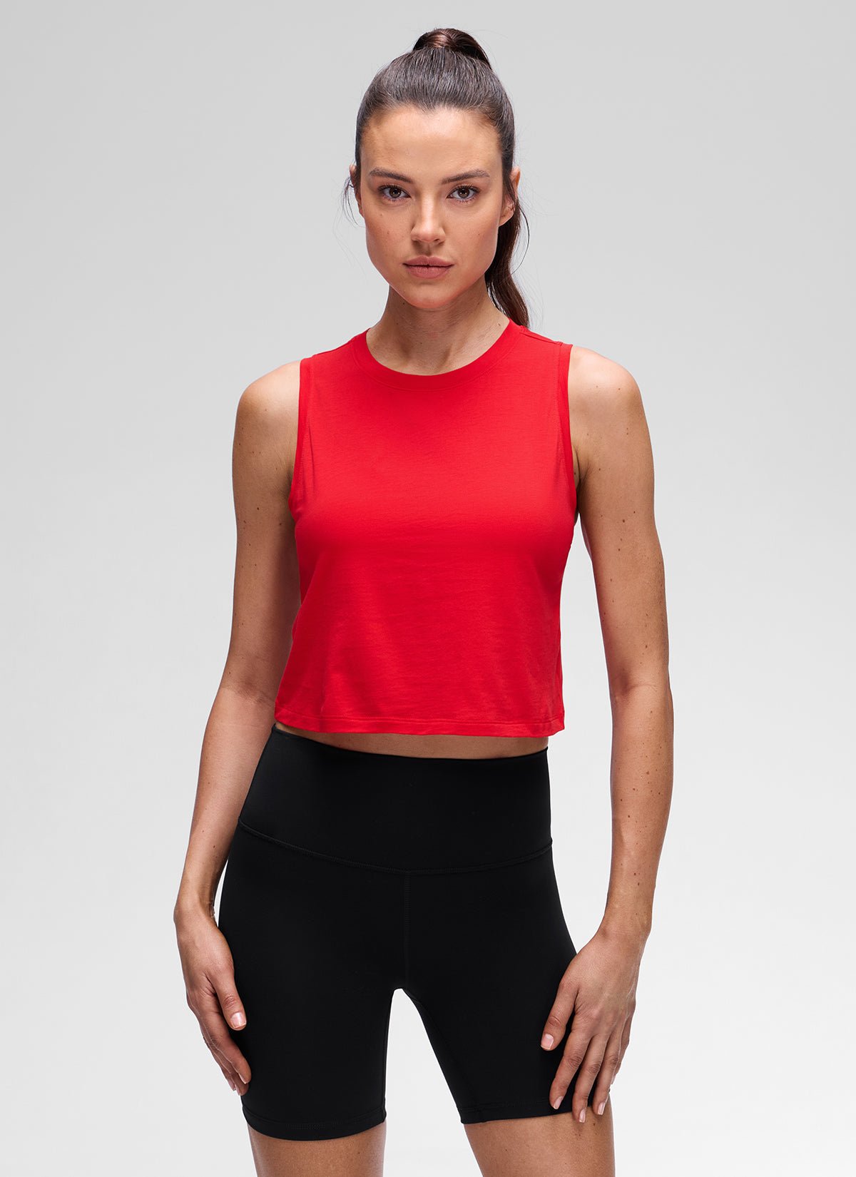 CRZ YOGA Women's Pima Cotton Casual Crewneck RacerBack Crop Tank Festival Red @model_info:Kseniia