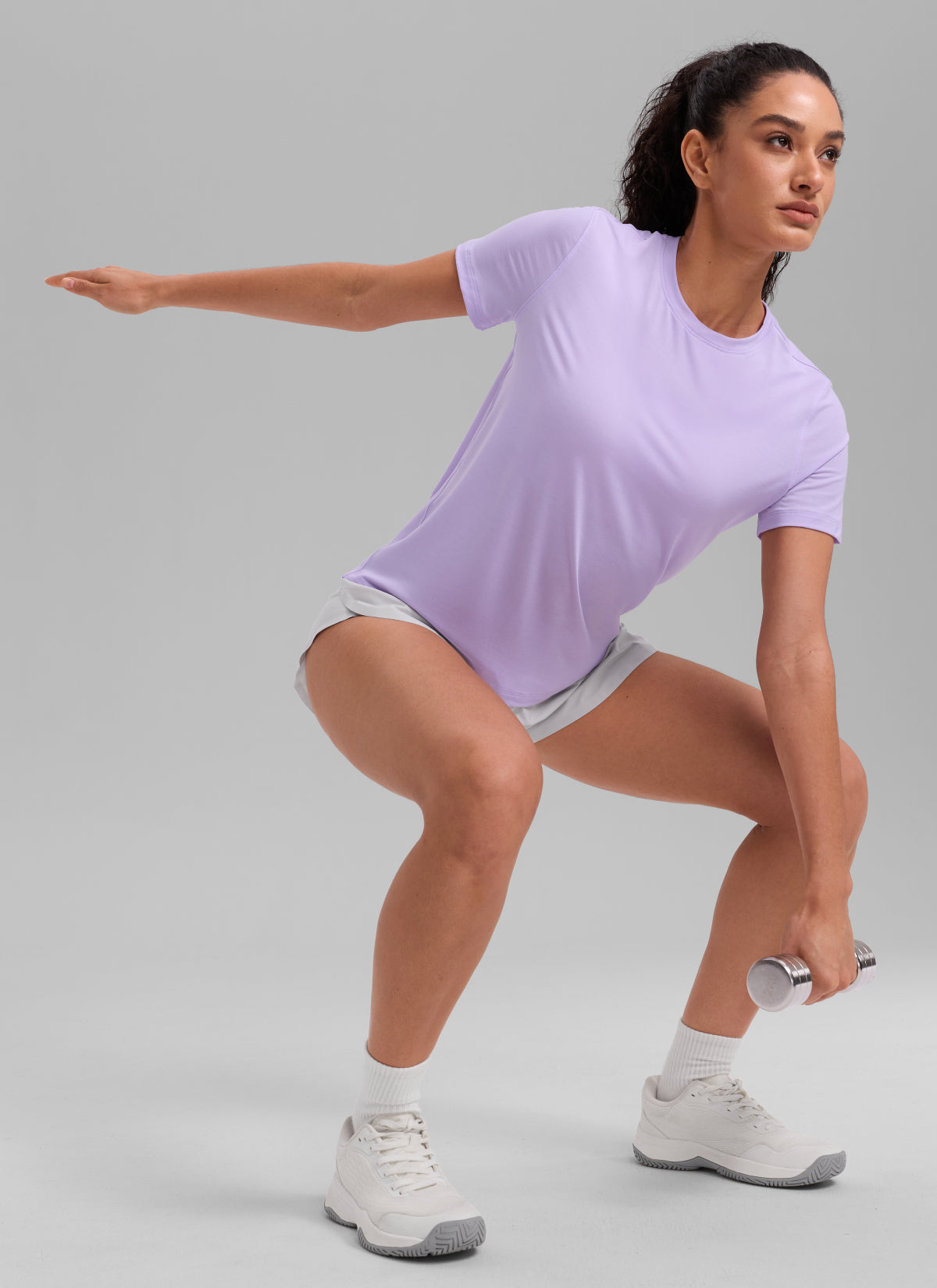 CRZ YOGA Women's Quick Dry Workout Crewneck Hip Length Short Sleeve Lavender Frost @model_info:Larissa