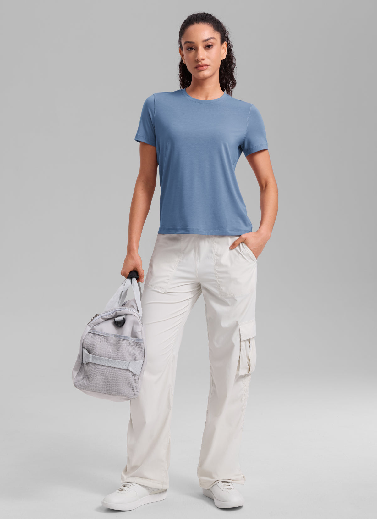 CRZ YOGA Women's Quick Dry Workout Crewneck Hip Length Short Sleeve Washed Denim