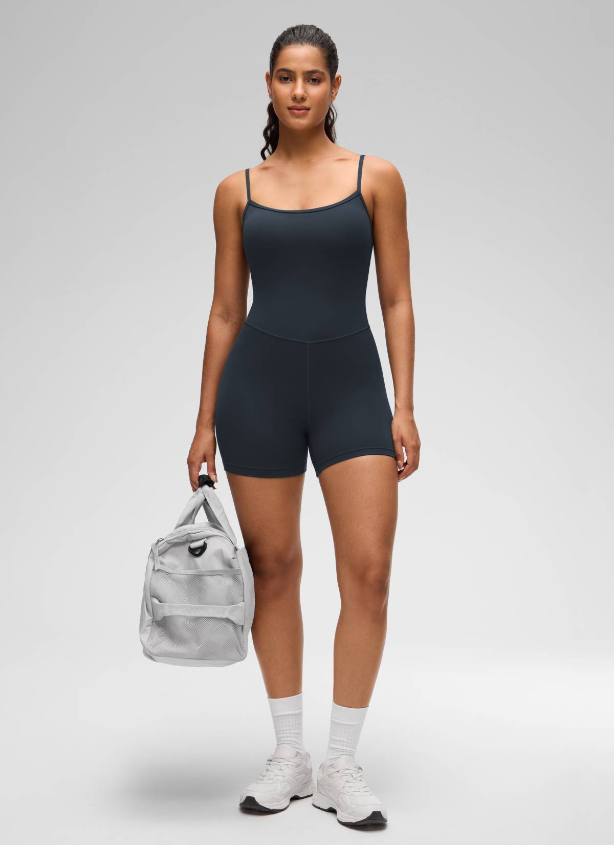 CRZ YOGA Women's Yoga Tight Fit Romper Shorts Bodysuit Jumpsuits True Navy @model_info:Carol