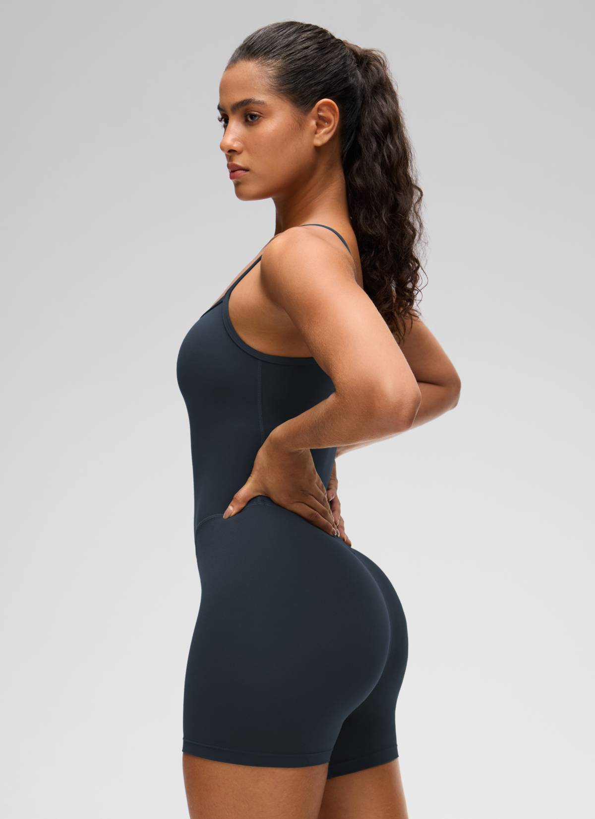CRZ YOGA Women's Yoga Tight Fit Romper Shorts Bodysuit Jumpsuits True Navy @model_info:Carol
