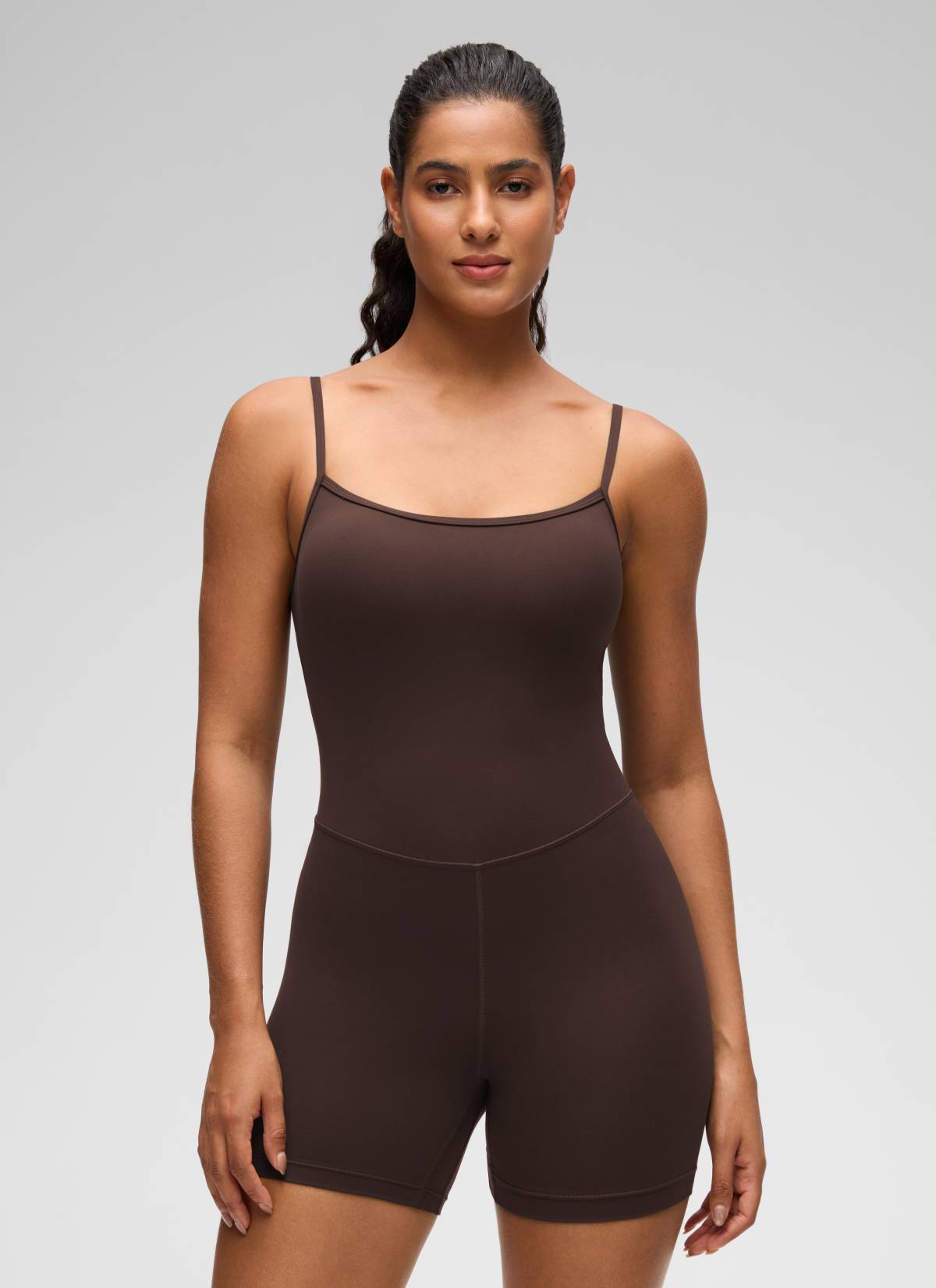 CRZ YOGA Women's Yoga Tight Fit Romper Shorts Bodysuit Jumpsuits Hot Fudge Brown
