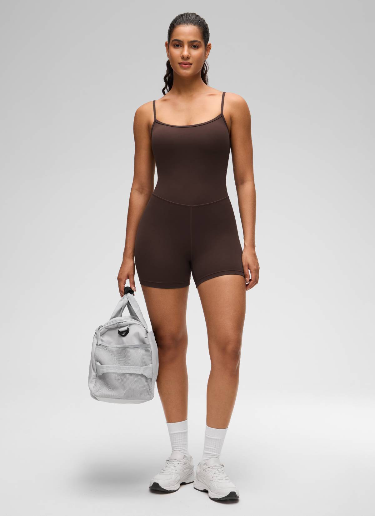 CRZ YOGA Women's Yoga Tight Fit Romper Shorts Bodysuit Jumpsuits Hot Fudge Brown