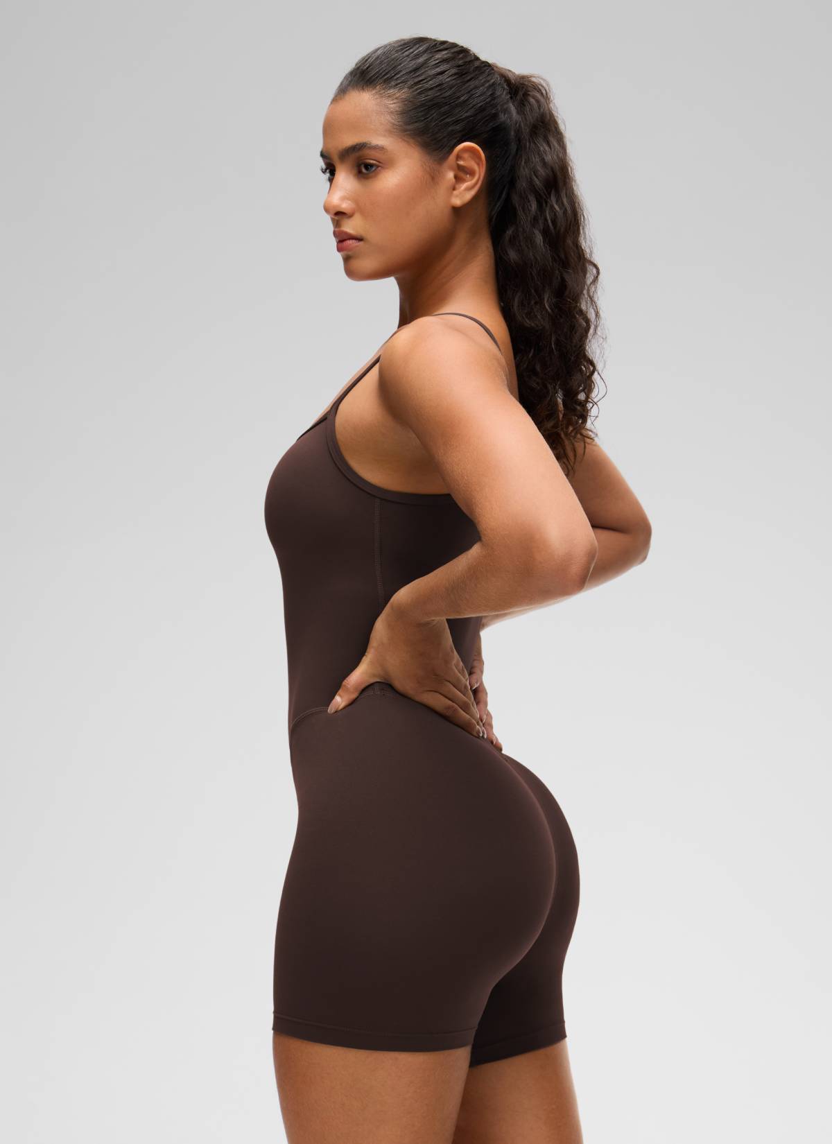CRZ YOGA Women's Yoga Tight Fit Romper Shorts Bodysuit Jumpsuits Hot Fudge Brown