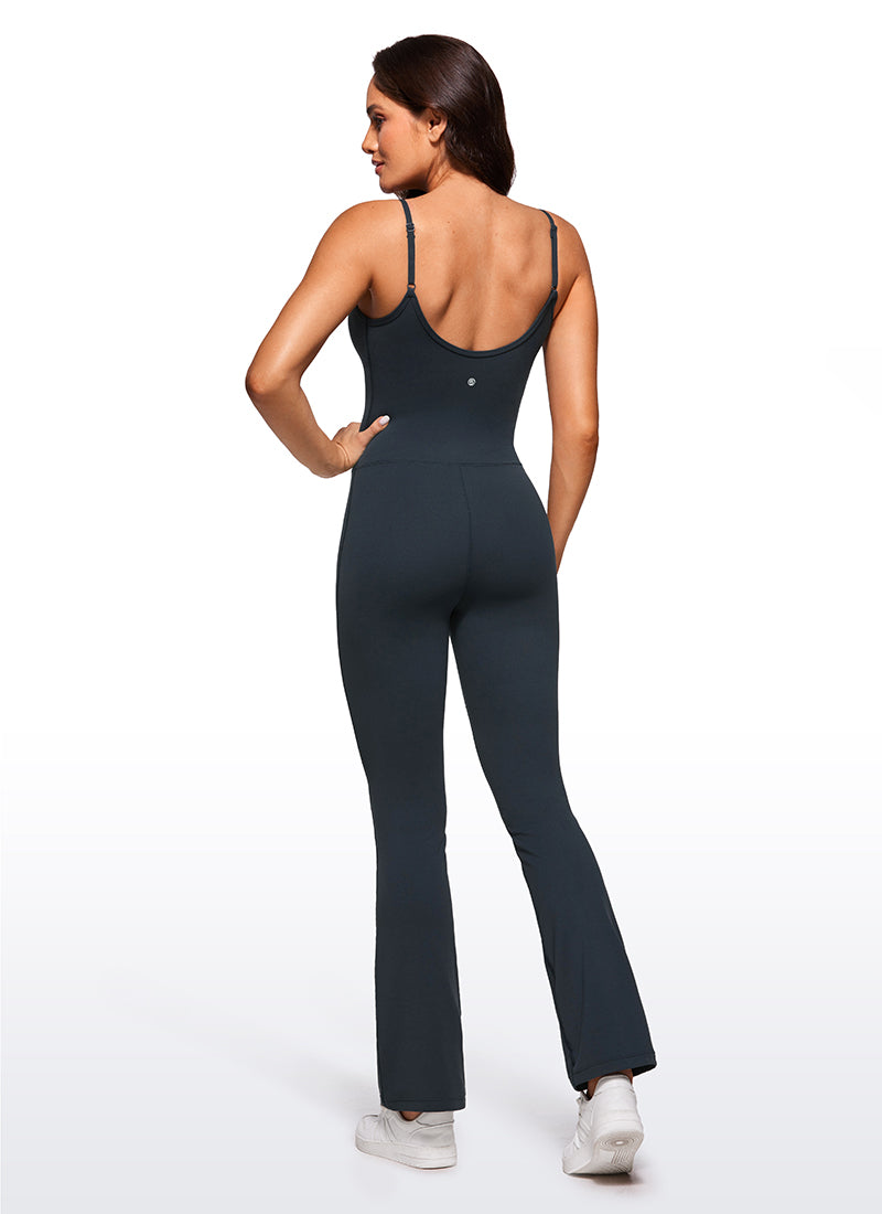 CRZ YOGA Women's Yoga Tight Fit Flare Jumpsuits Build-in Bra Bodysuits True Navy