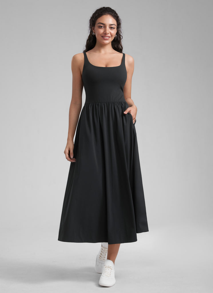 CRZ YOGA Women's Square Neck Pocket Sleeveless Maxi Padded Dress Black