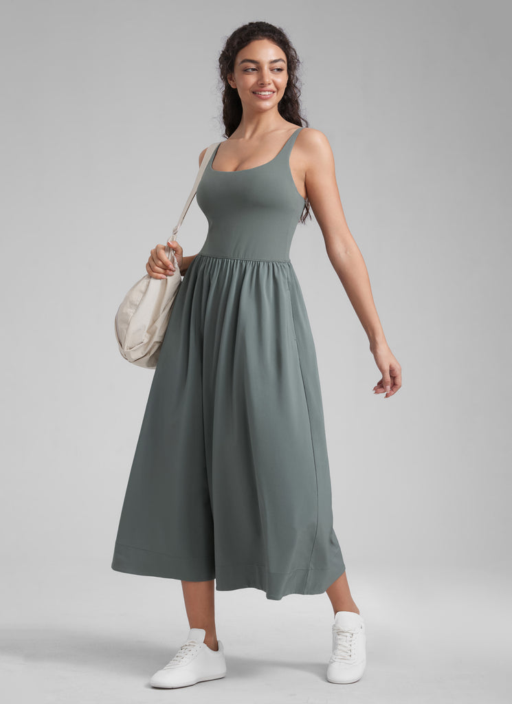CRZ YOGA Women's Square Neck Pocket Sleeveless Maxi Padded Dress Grey Sage