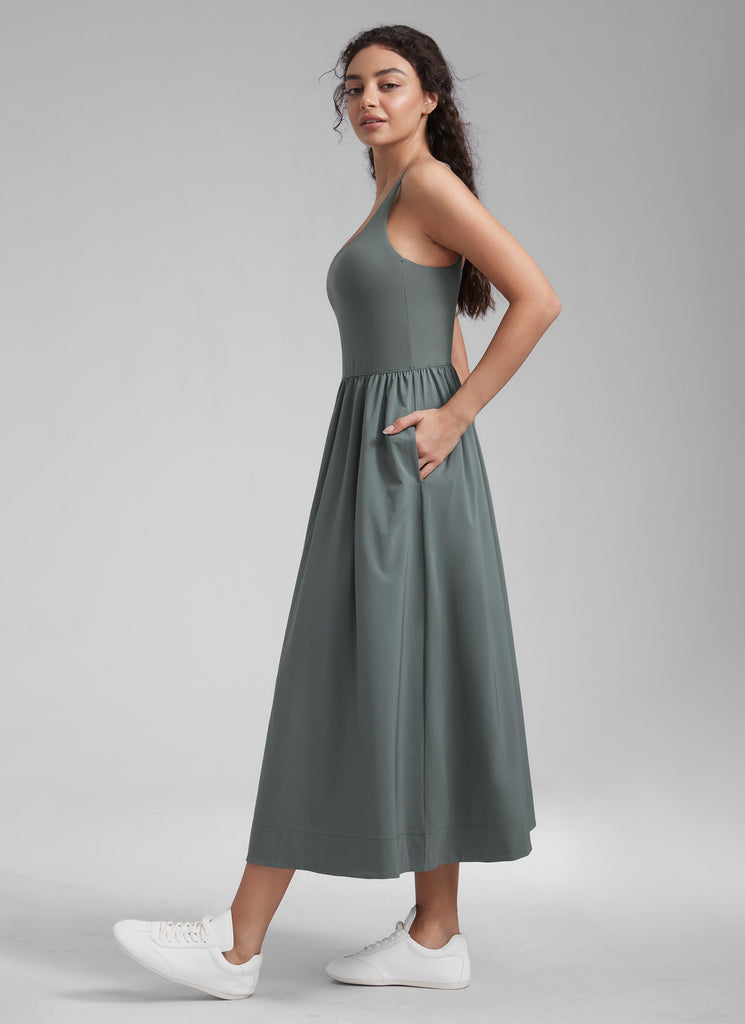 CRZ YOGA Women's Square Neck Pocket Sleeveless Maxi Padded Dress Grey Sage